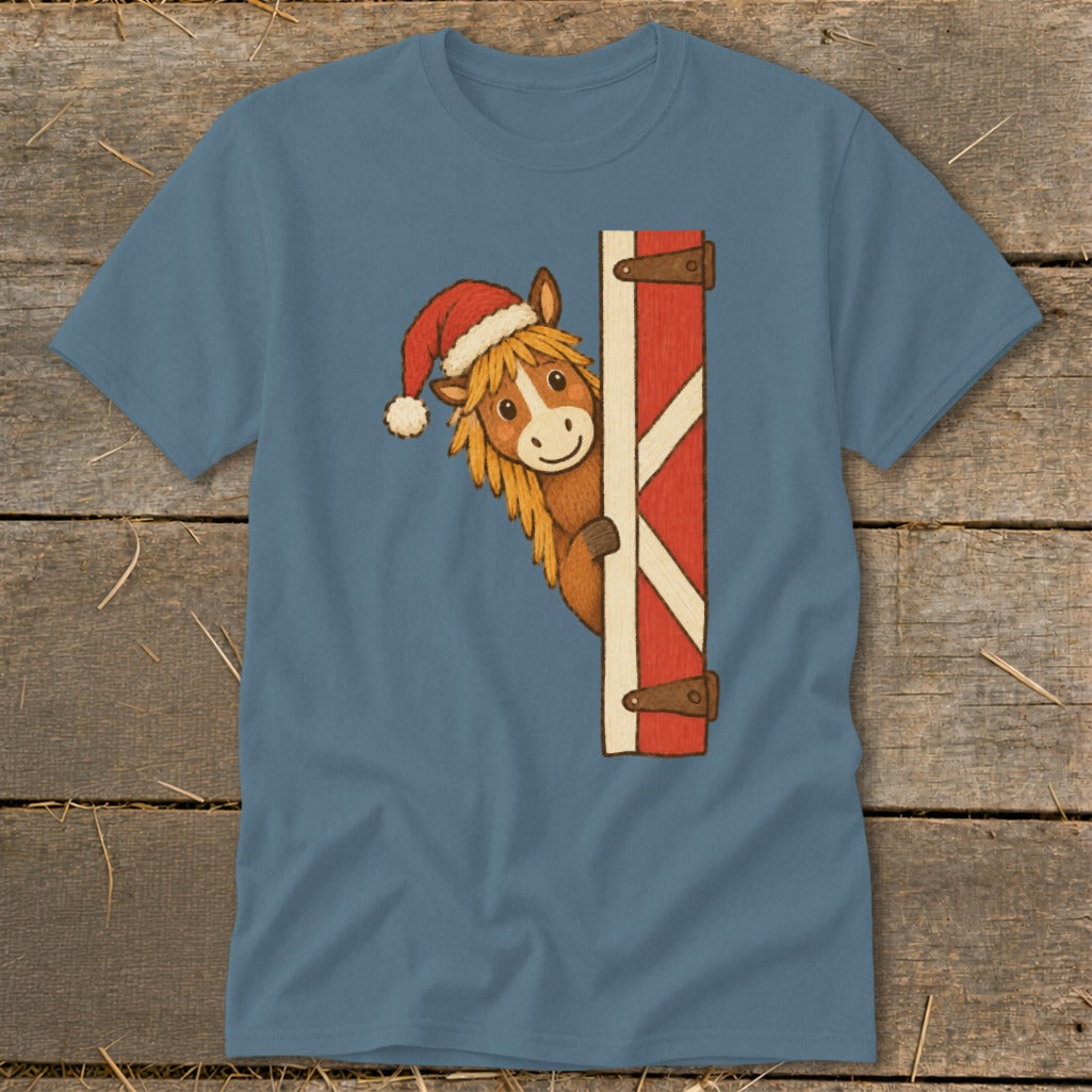 Cartoon horse wearing a Santa hat peeks from behind a red barn door.