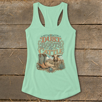 Mint tank top with "Dust Boots & Cattle" graphic, featuring a cowboy boot and steer in a desert landscape.