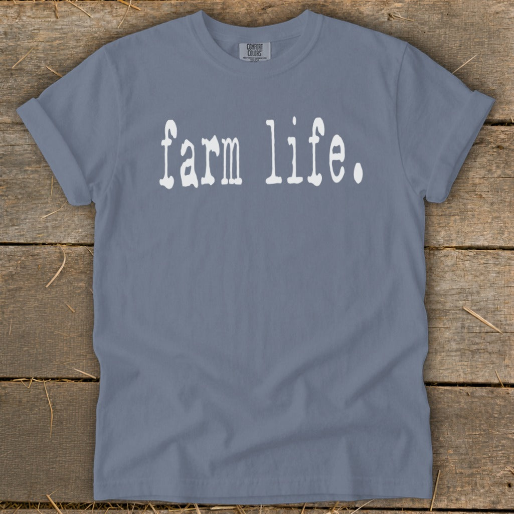 Blue t-shirt with "farm life." printed in white text.