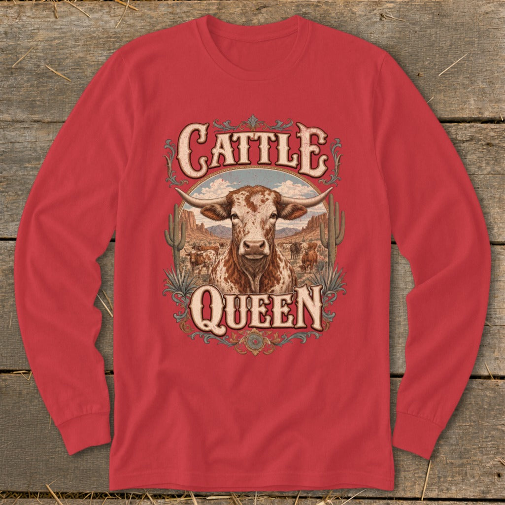 Long sleeve red shirt with "Cattle Queen" text and a longhorn bull in desert landscape.