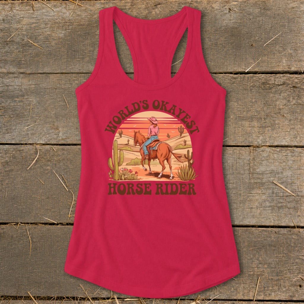 Red tank top with desert scene and text "World's Okayest Horse Rider".