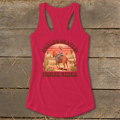 Red tank top with desert scene and text "World's Okayest Horse Rider".