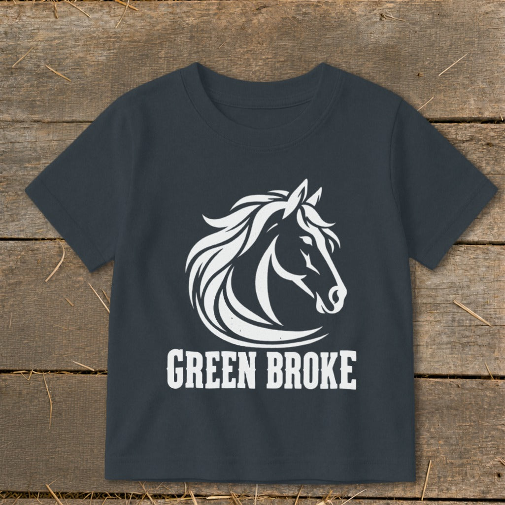A dark gray childs t-shirt featuring a white horse head graphic and the text GREEN BROKE.