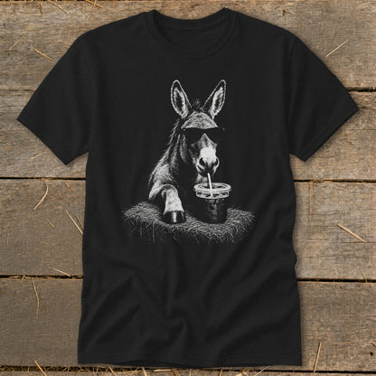 Black t-shirt with a charcoal drawing of a donkey wearing sunglasses drinking from a cup.