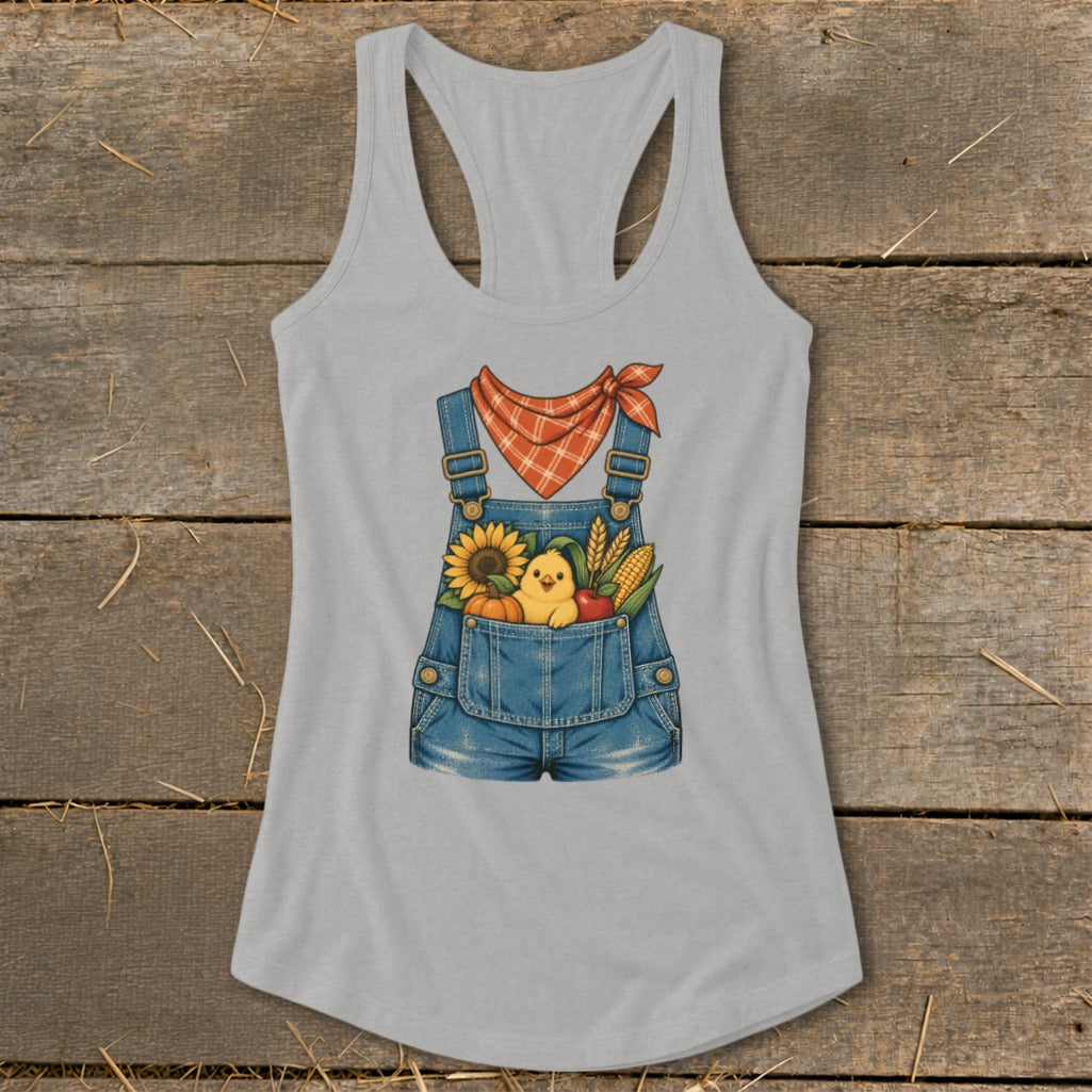 Grey tank top with a denim overalls graphic featuring a chick and fall harvest items.