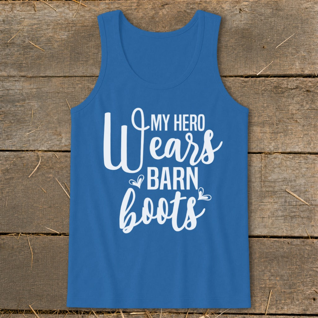 Blue tank top with white text "My Hero Wears Barn Boots."