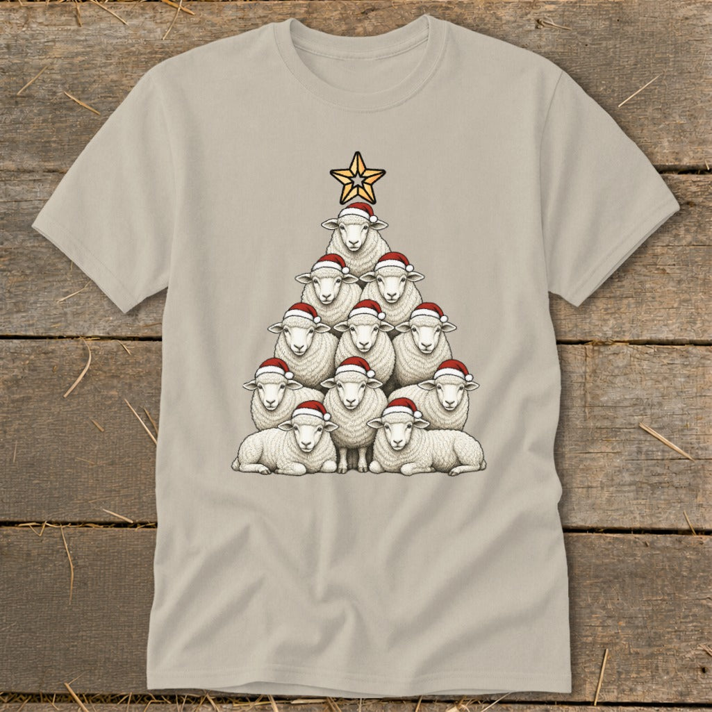 Sheep arranged in a Christmas tree shape wearing Santa hats, topped with a star.