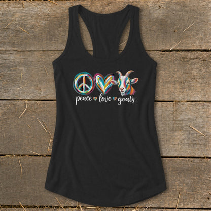 Black tank top with peace, heart, and goat design with text "peace love goats".