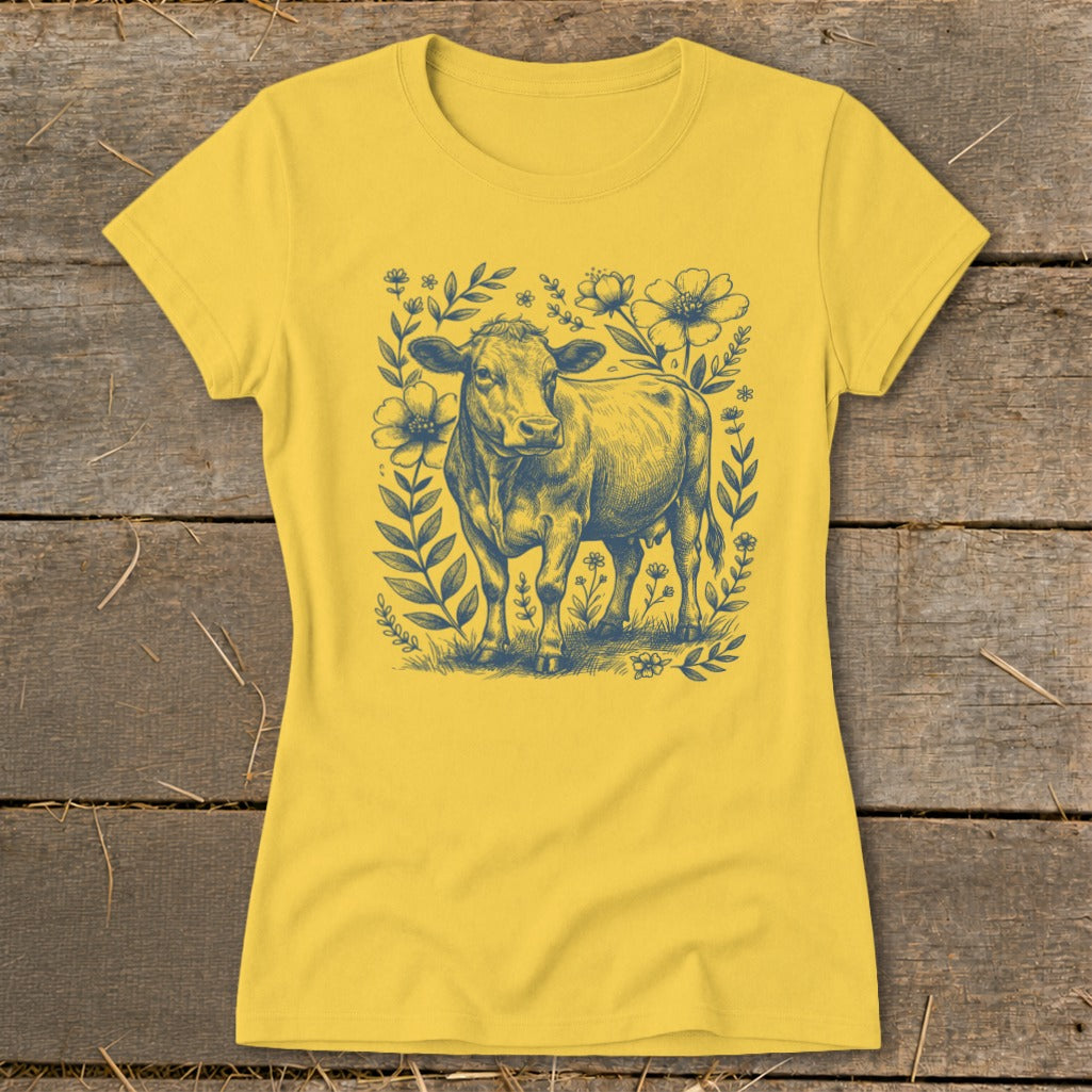 Yellow t-shirt with a blue line drawing of a cow surrounded by flowers.
