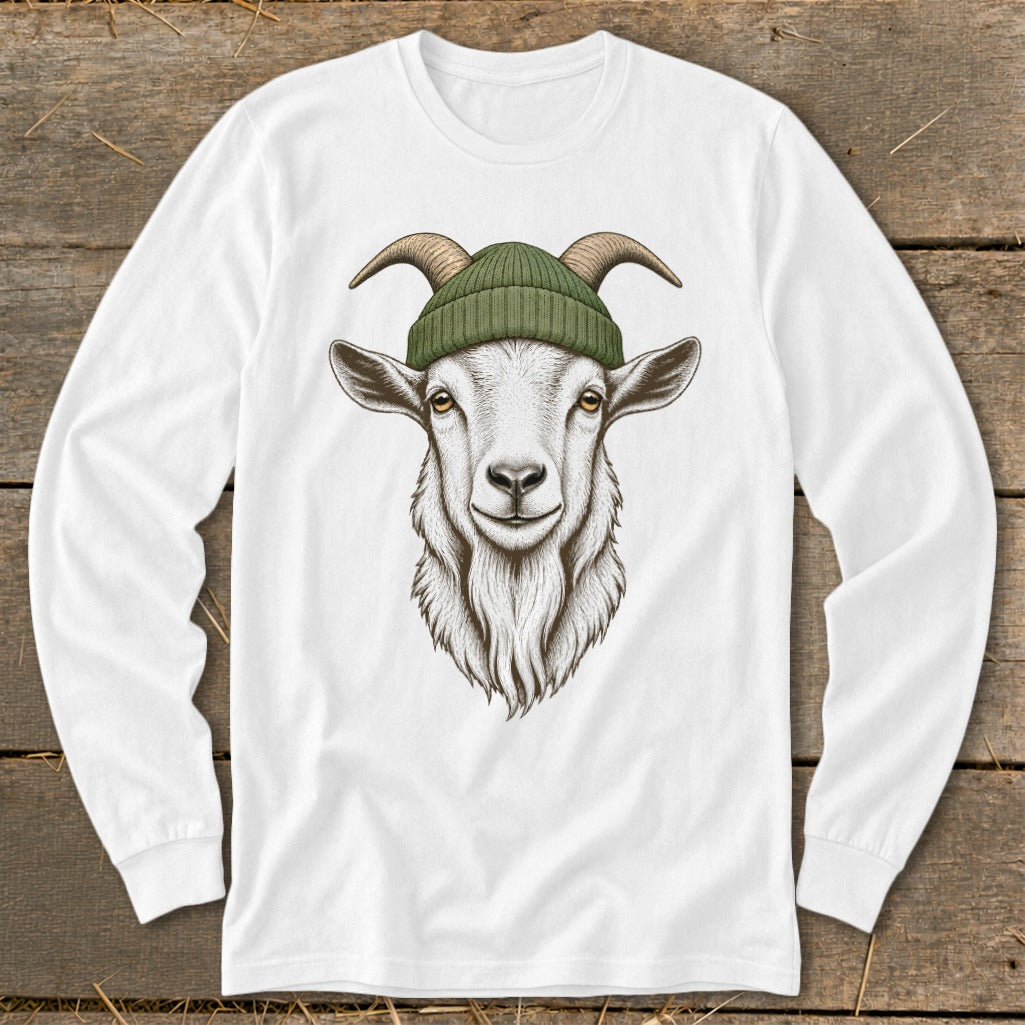 White long-sleeve shirt with a drawing of a goat wearing a green beanie.