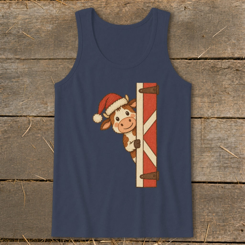 Dark blue tank top with a cartoon cow wearing a Santa hat peeking from behind a barn door.