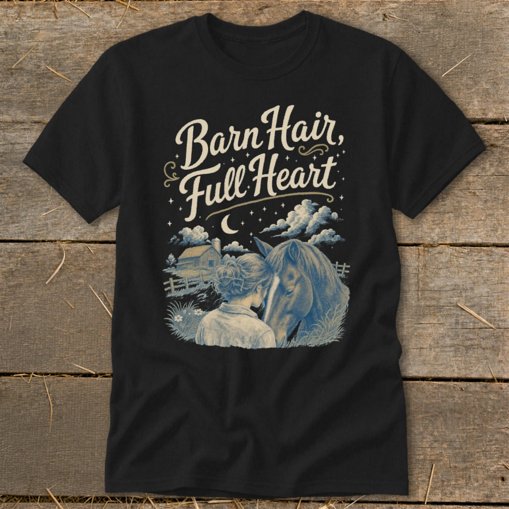 Black t-shirt with "Barn Hair, Full Heart" text and a girl embracing a horse.