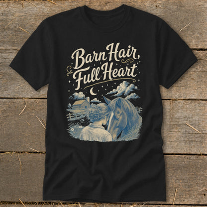 Black t-shirt with "Barn Hair, Full Heart" text and a girl embracing a horse.