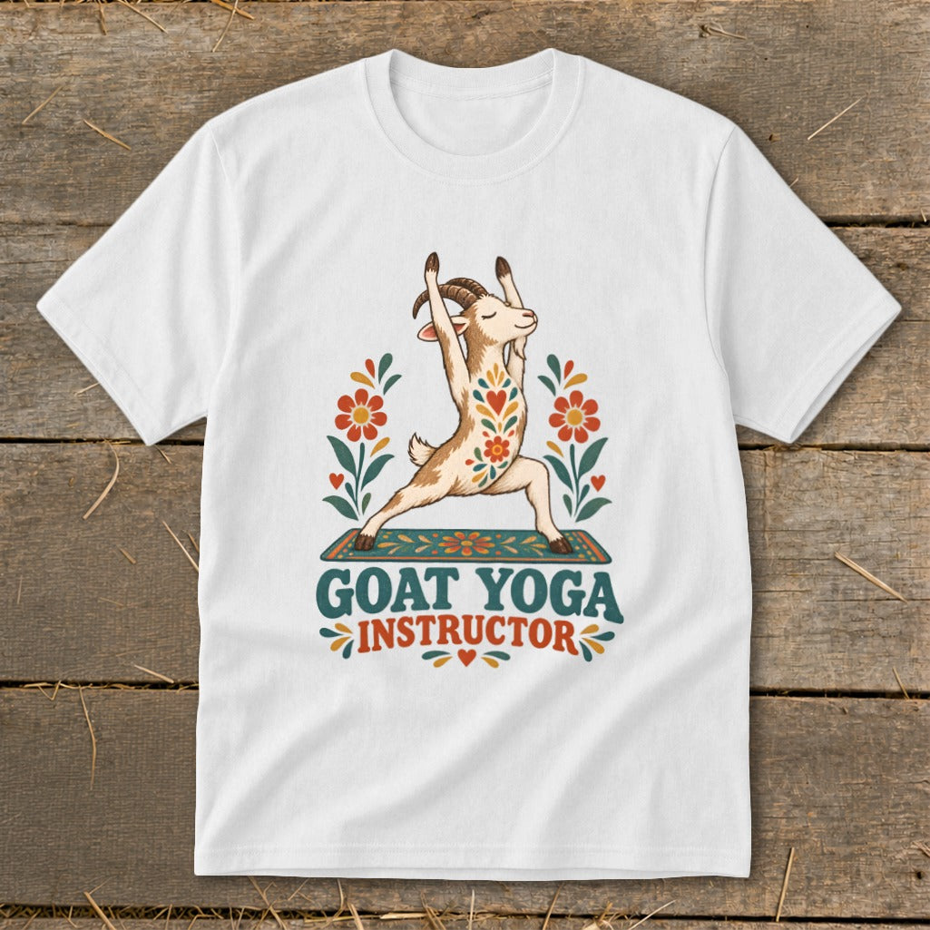 Goat performing yoga pose on mat with floral design and text "Goat Yoga Instructor".