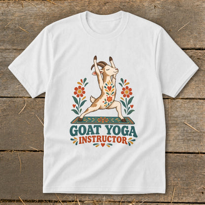 Goat performing yoga pose on mat with floral design and text "Goat Yoga Instructor".