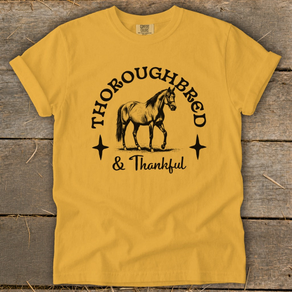 Yellow t-shirt with graphic of horse and text "Thoroughbred & Thankful".