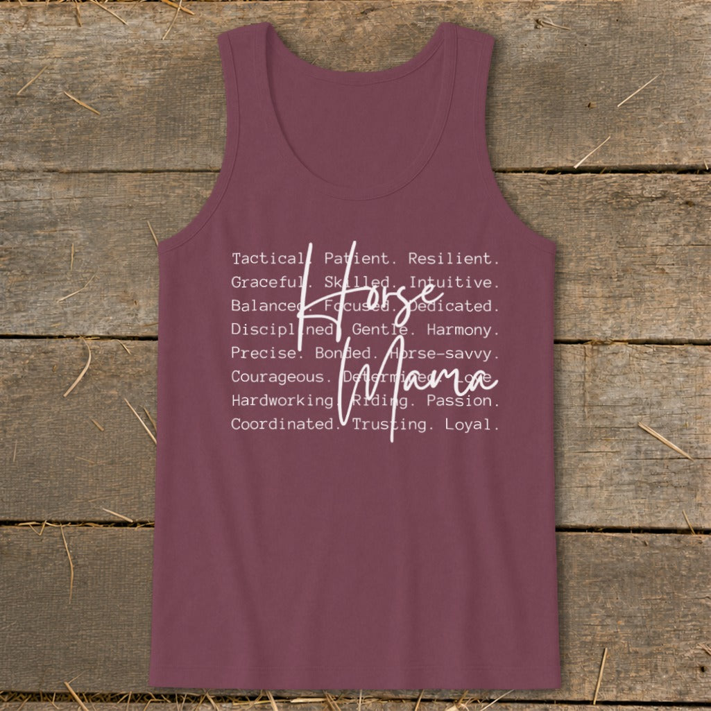 Maroon tank top with "Horse Mama" and descriptive words in white text.