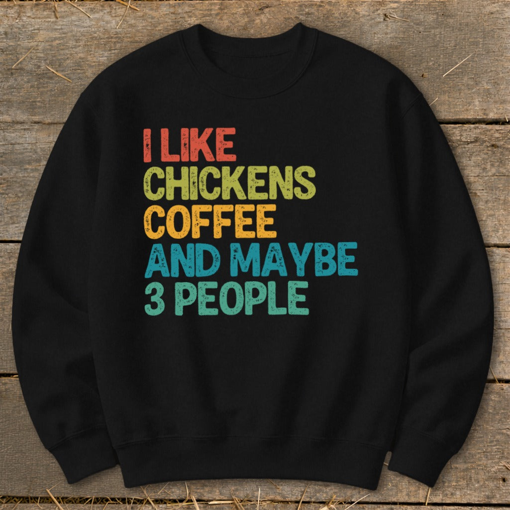 Black sweatshirt with text "I like chickens, coffee, and maybe 3 people."