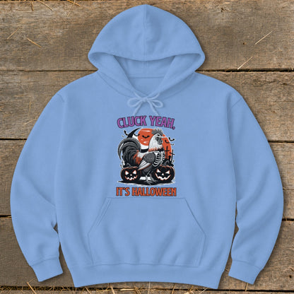 Light blue hoodie with a skeleton rooster, pumpkins, and text "CLUCK YEAH, IT'S HALLOWEEN".