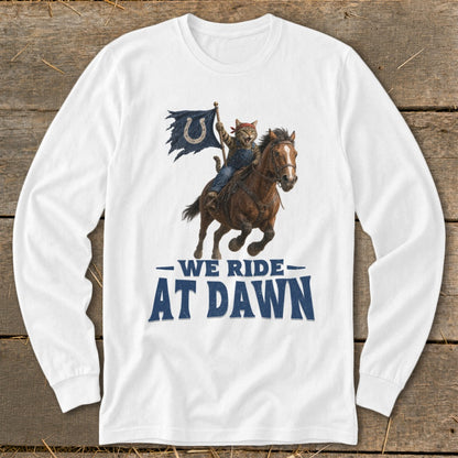 Cat on horse holding Colts flag with text "We Ride At Dawn"