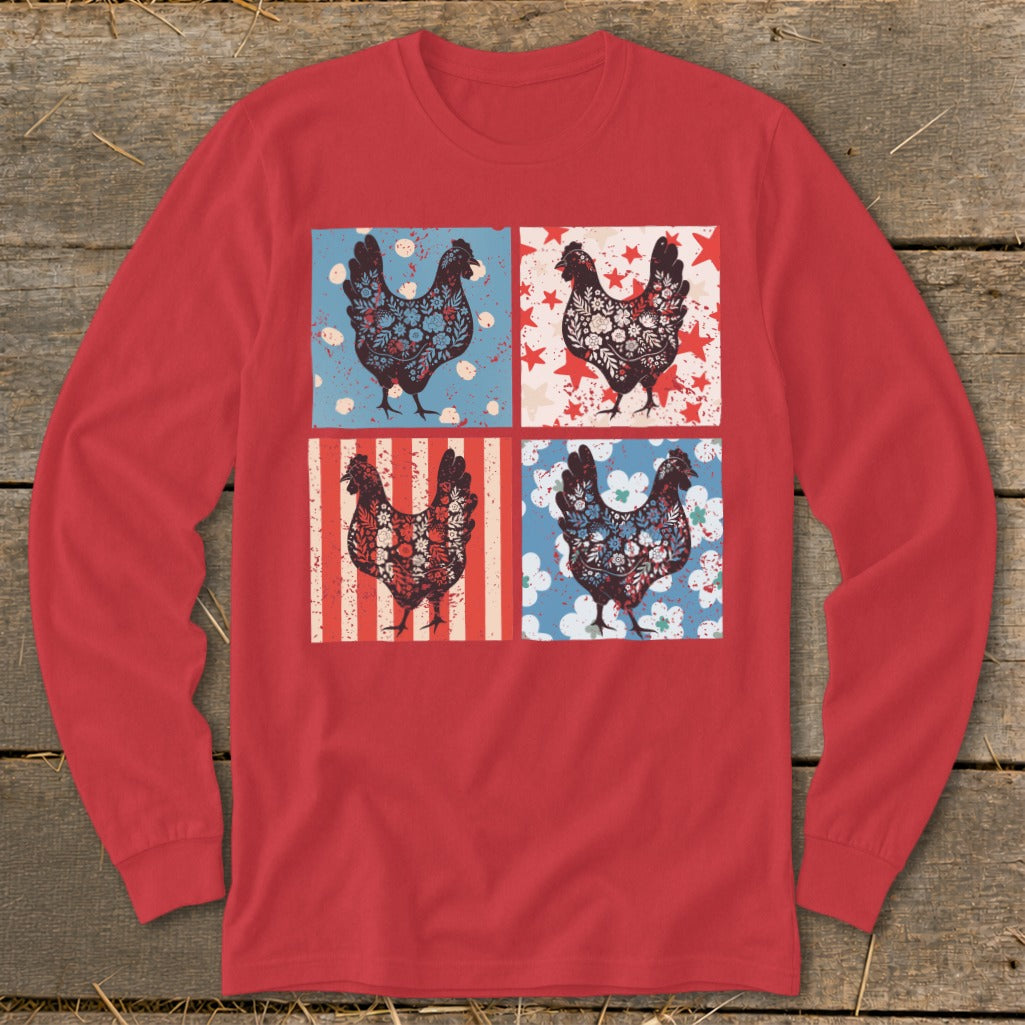 Red long-sleeve shirt with four patterned chickens in square frames on the front.