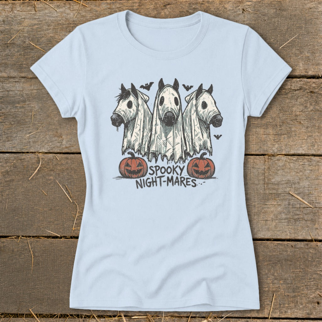 Three horses in ghost costumes with pumpkins and bats, text reads "SPOOKY NIGHT-MARES".
