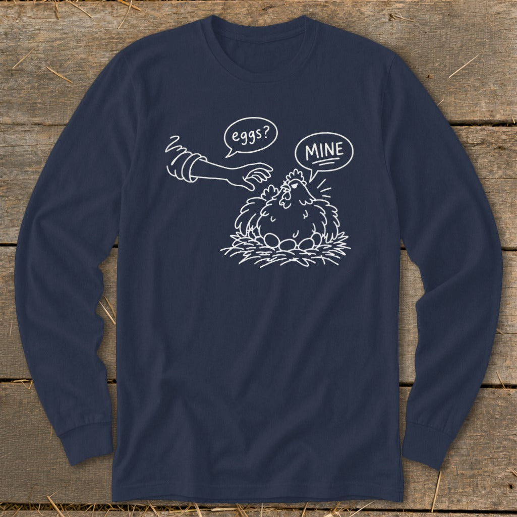 Line art of chicken protecting eggs with speech bubbles asking "eggs?" and "MINE".
