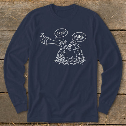 Line art of chicken protecting eggs with speech bubbles asking "eggs?" and "MINE".