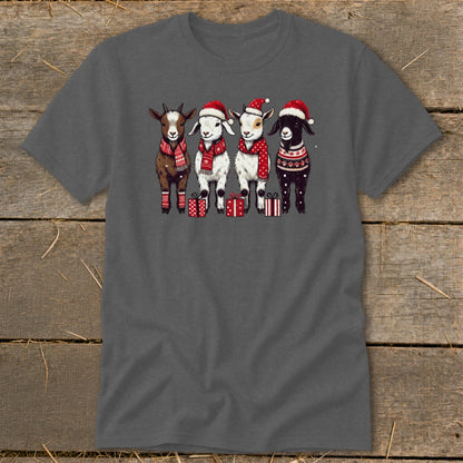 Four goats wearing Santa hats and festive scarves stand with gifts.