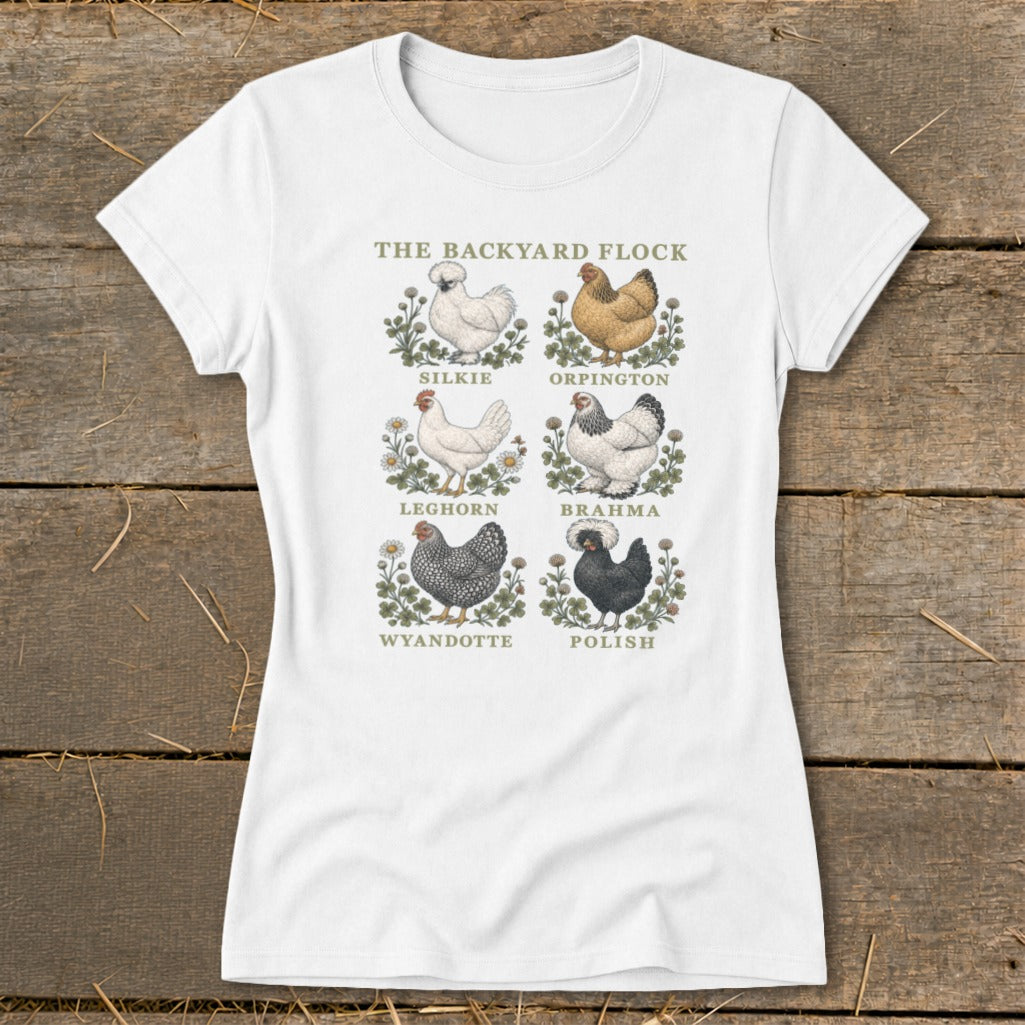 White t-shirt with "The Backyard Flock" graphic featuring six illustrated chicken breeds.