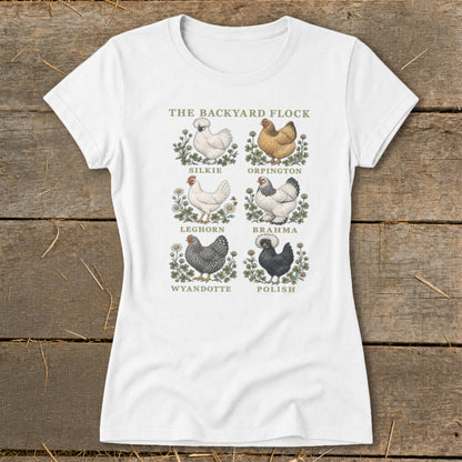 White t-shirt with "The Backyard Flock" graphic featuring six illustrated chicken breeds.