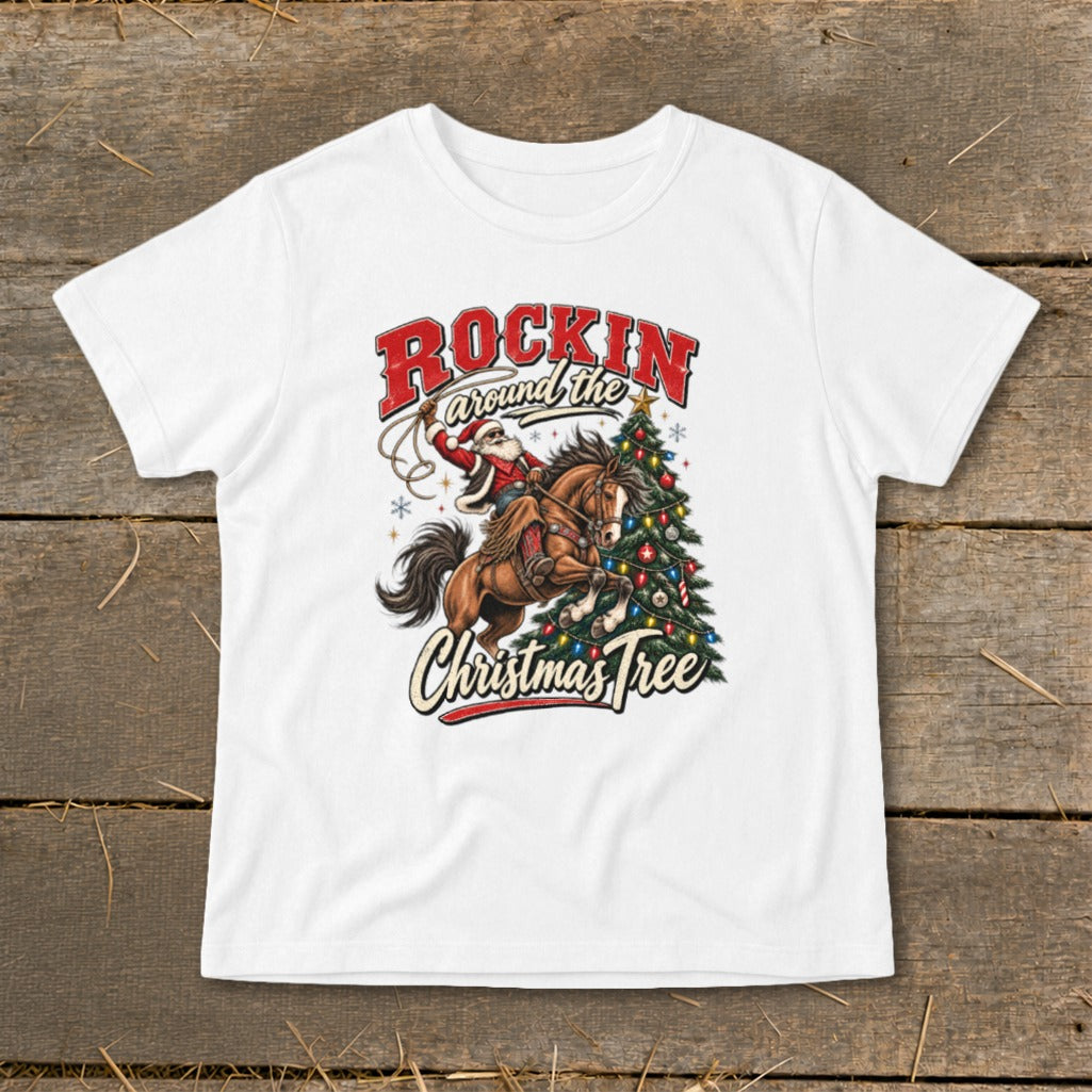 Santa riding a horse lassoing a Christmas tree with "Rockin Around the Christmas Tree" text.