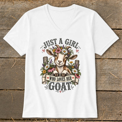 White v-neck t-shirt with a graphic of a goat wearing flowers and the text "Just a girl who loves her goat".