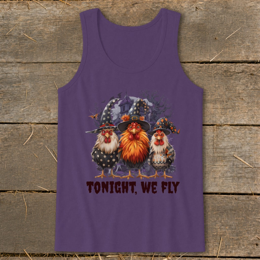 Three chickens in witch hats with "TONIGHT, WE FLY" text.