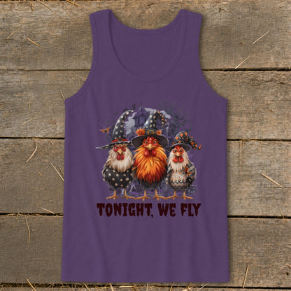 Three chickens in witch hats with "TONIGHT, WE FLY" text.