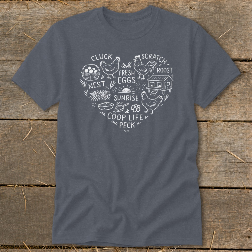Dark gray t-shirt with white heart-shaped chicken coop farm life graphic.