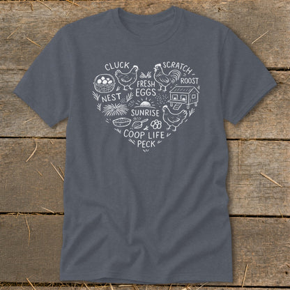 Dark gray t-shirt with white heart-shaped chicken coop farm life graphic.