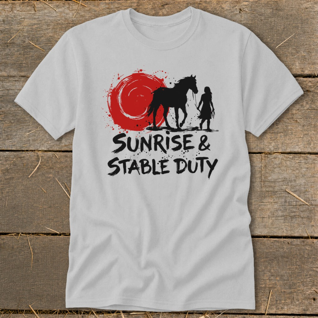 Black silhouette of a horse and rider with "Sunrise & Stable Duty" text.