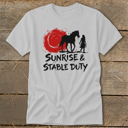 Black silhouette of a horse and rider with "Sunrise & Stable Duty" text.