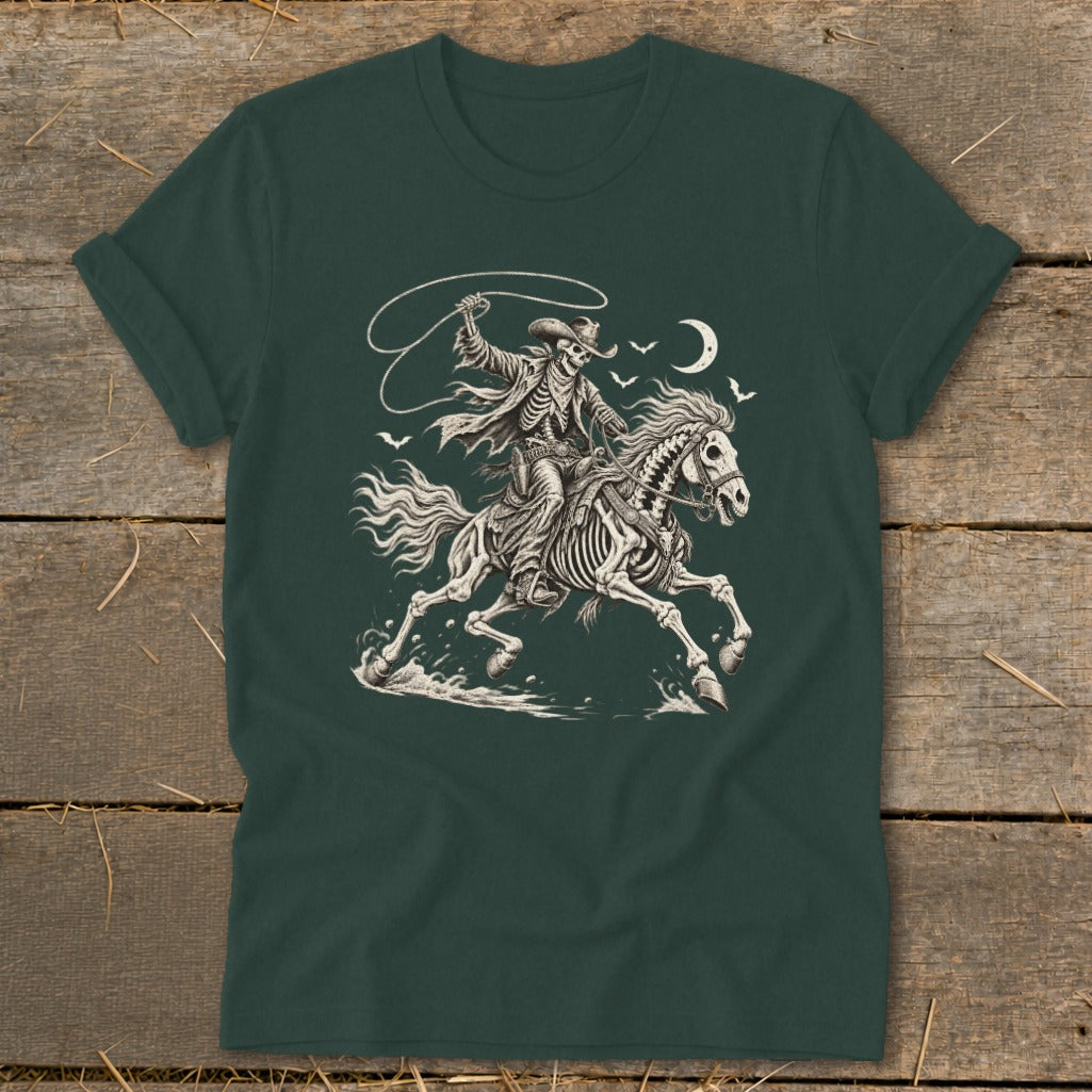 Skeleton cowboy on horseback with lasso under a crescent moon.