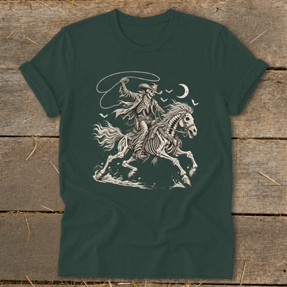 Skeleton cowboy on horseback with lasso under a crescent moon.