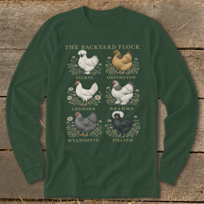Green long-sleeve shirt featuring "The Backyard Flock" and illustrations of six chicken breeds.