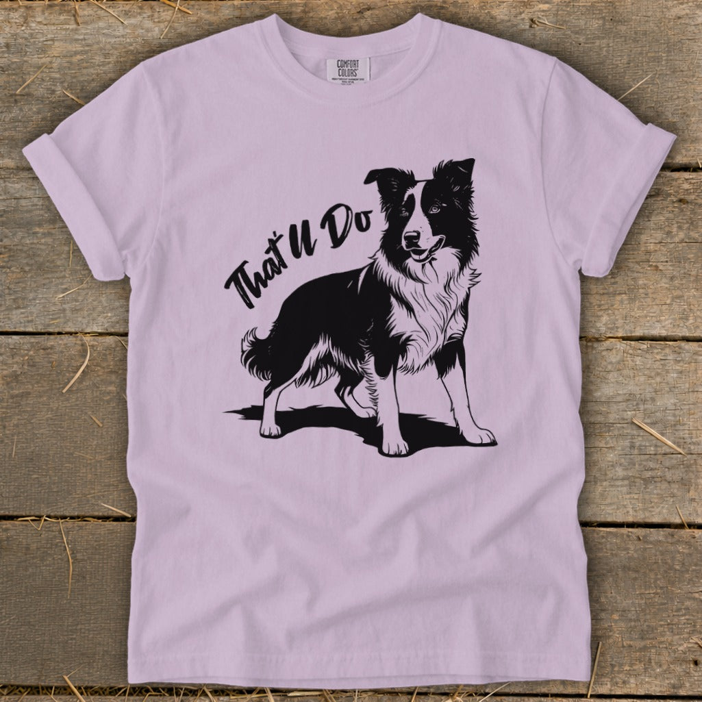 Light purple t-shirt with black border collie graphic and text "That'll Do".