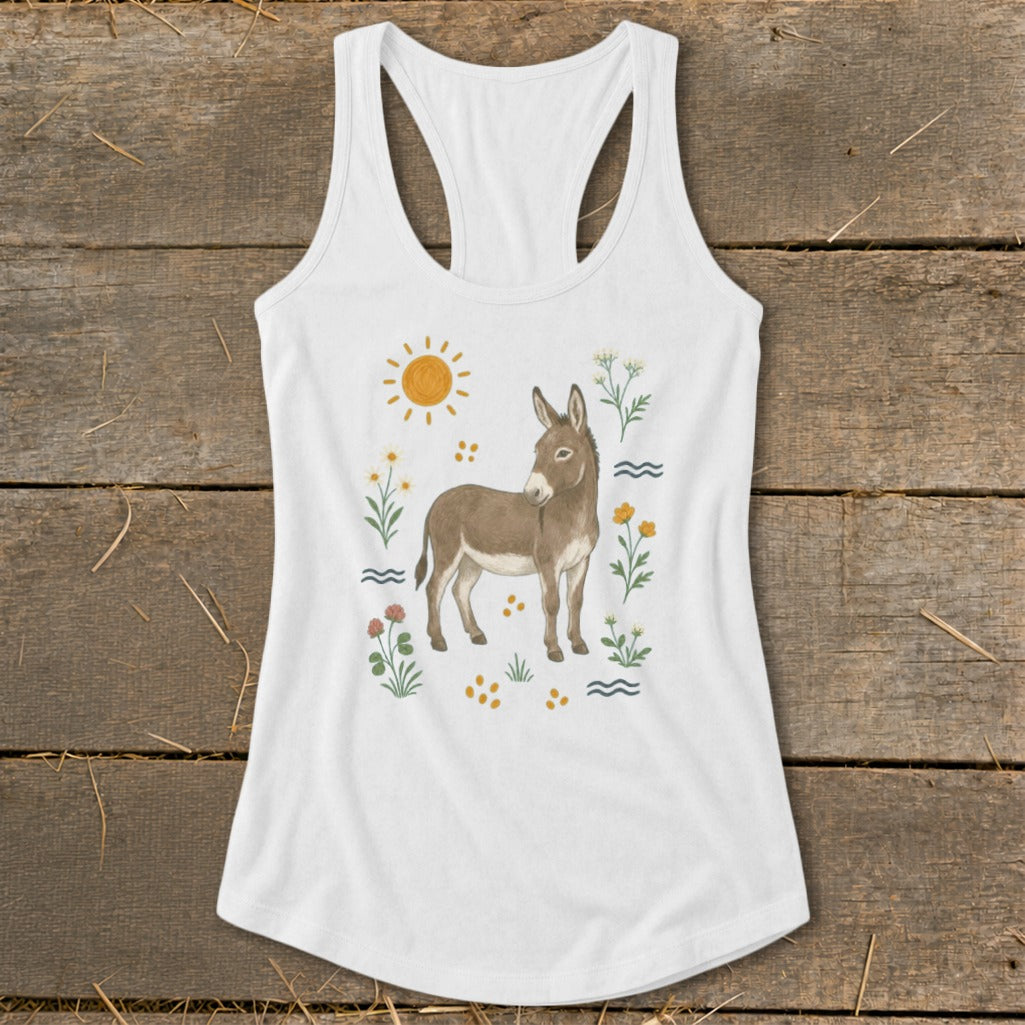 White tank top with a watercolor donkey and floral design.