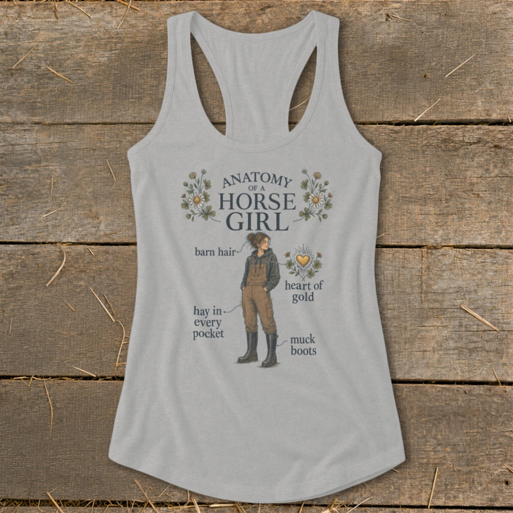 Grey tank top with "Anatomy of a Horse Girl" graphic and anatomical labels.