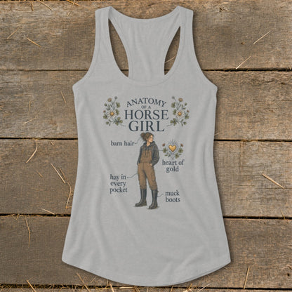 Grey tank top with "Anatomy of a Horse Girl" graphic and anatomical labels.