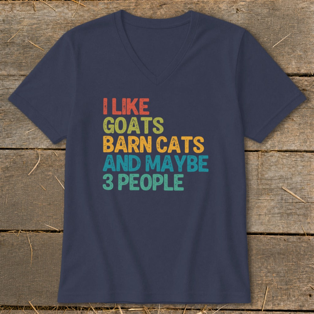 Navy v-neck t-shirt with text "I like goats barn cats and maybe 3 people."