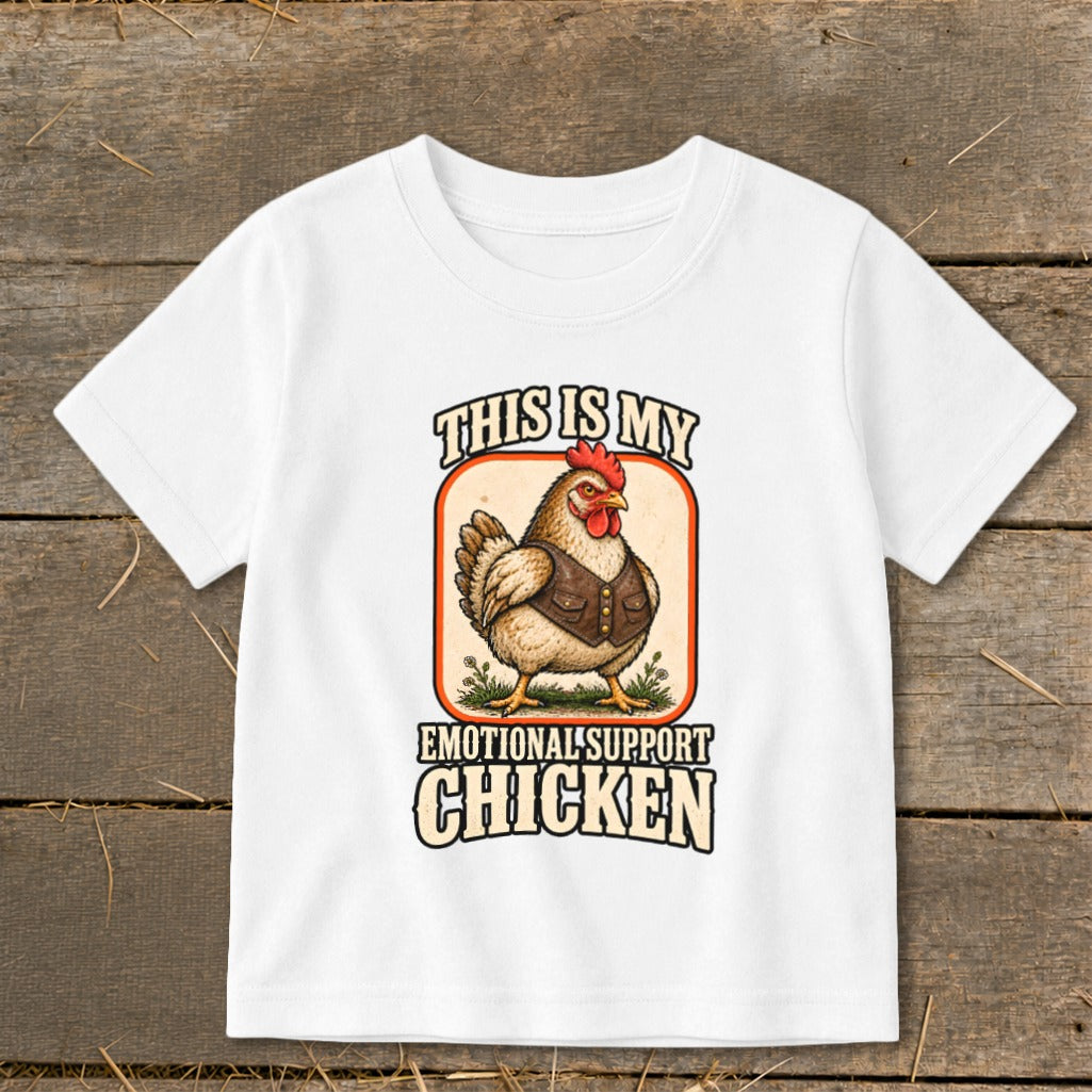 White t-shirt with "This is my emotional support chicken" text and chicken graphic.