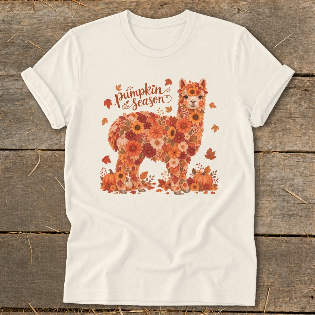 Cream t-shirt with an alpaca made of autumn flowers and leaves, "Pumpkin season" text.