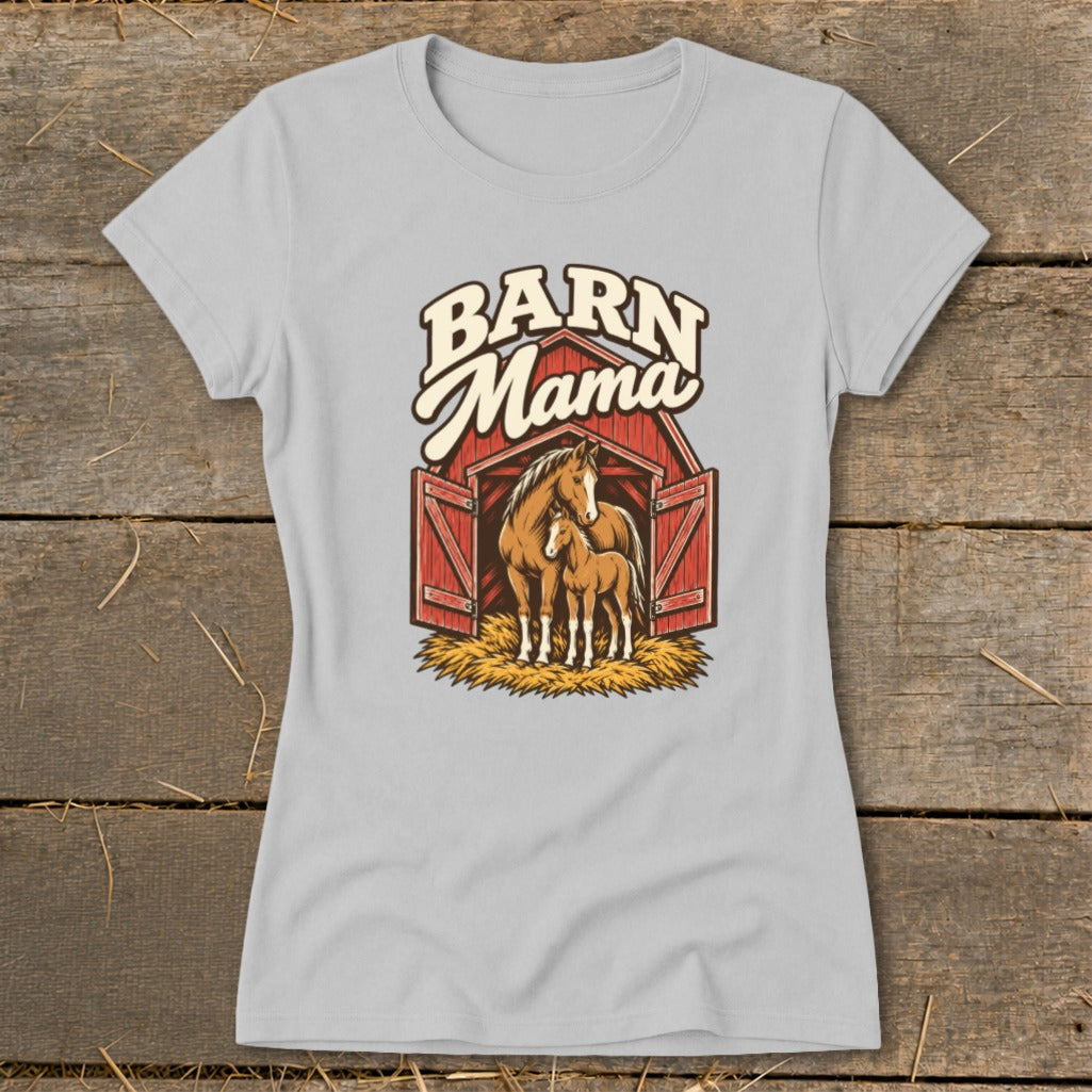 Barn Mama text with horses in a barn graphic on a light grey t-shirt.